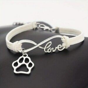 Paw Dog Cat Animal Lover Love Heart Infinity Bracelet White Cord Silvery NWT 7"